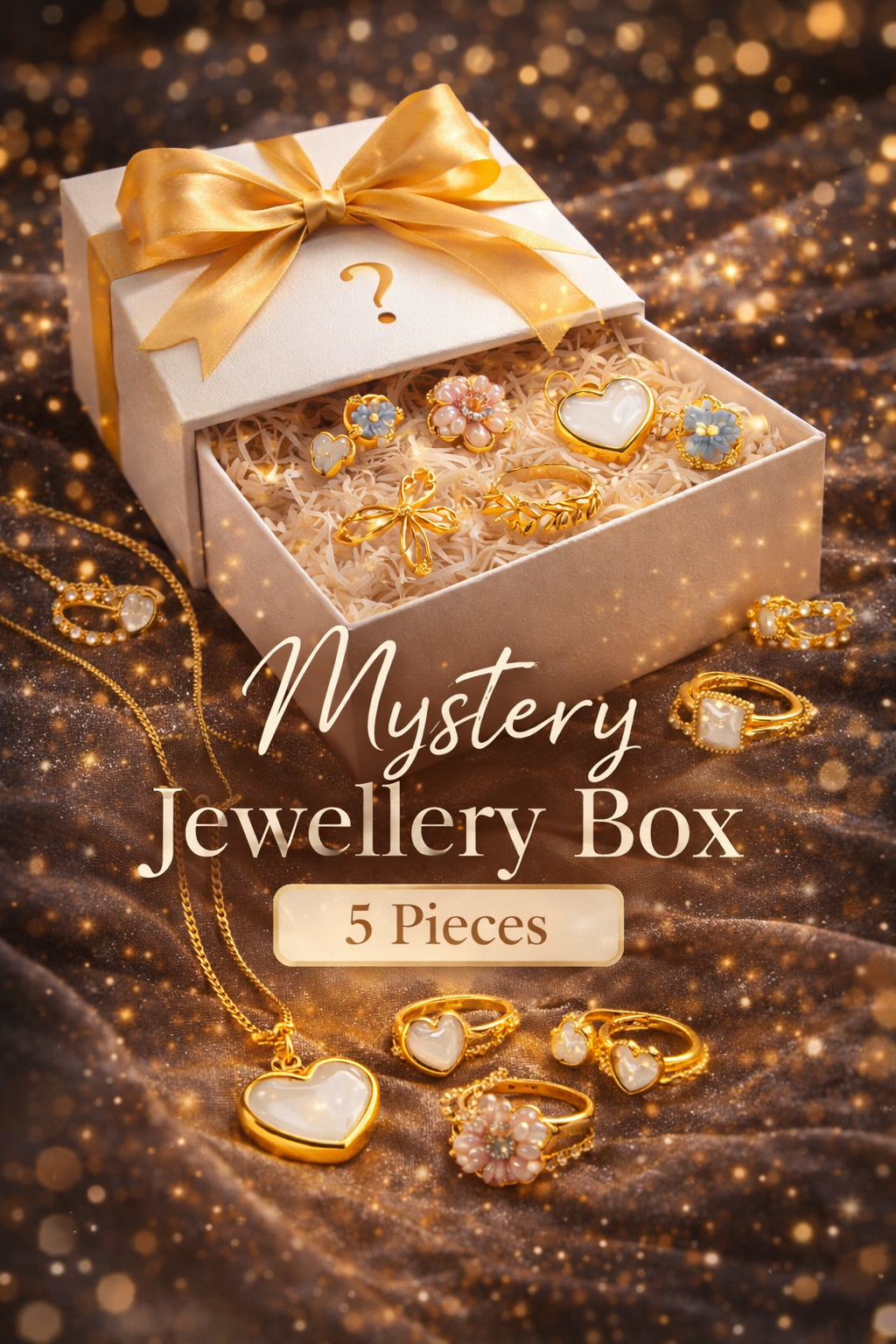 Mystery jewellery box with gold bow and jewelry on a glittery background by Zenva