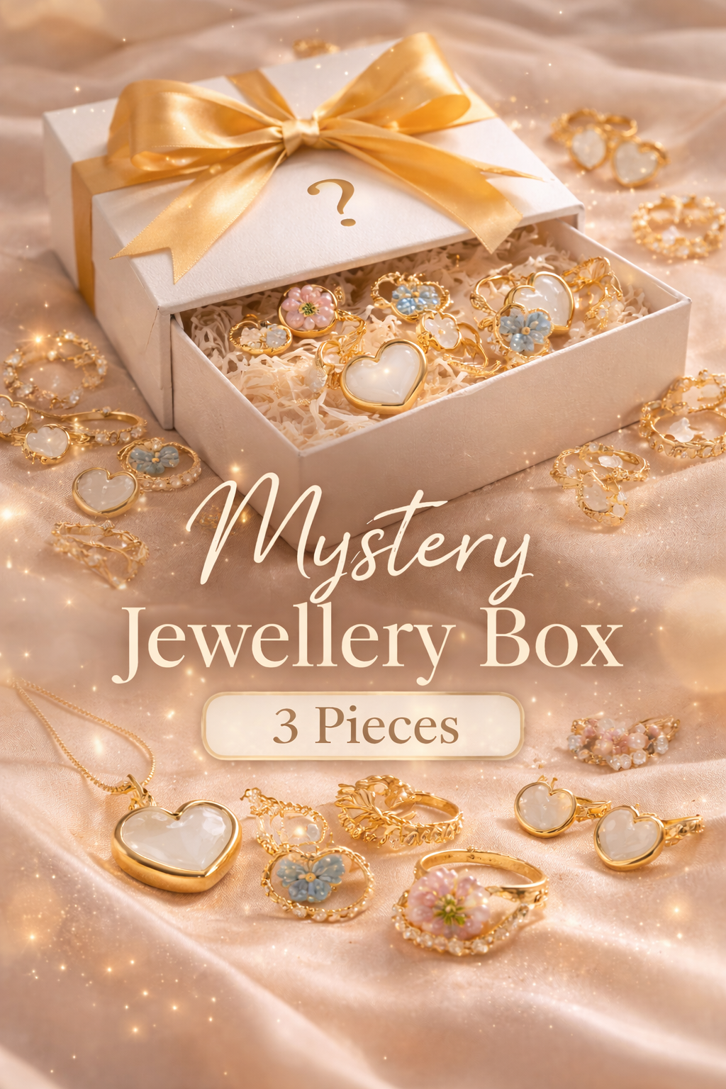 Jewellery box with gold bow and heart-shaped jewelry on a soft pink background by Zenva