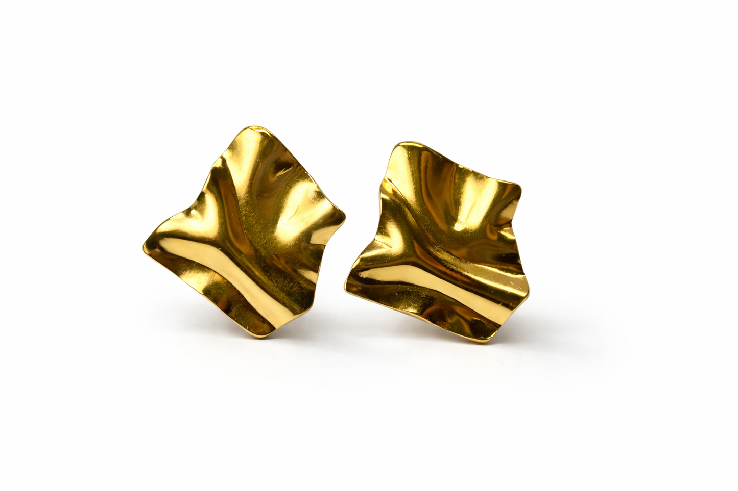 Pair of gold square earrings on a white background by Zenva
