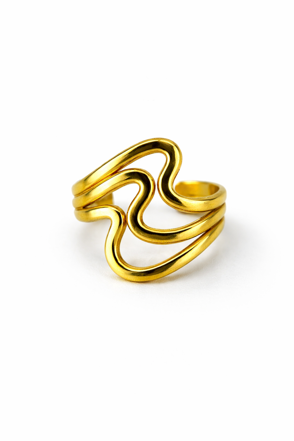 Gold ring with a wavy design on a white background by Zenva